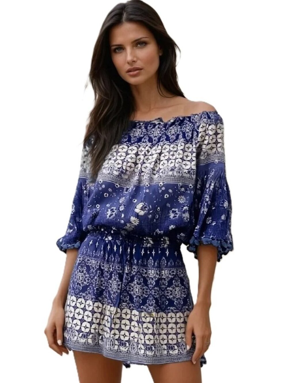 Raga Blue Motif Pommed Romper Boho Off Shoulder Bell Sleeve XS Anthropologie